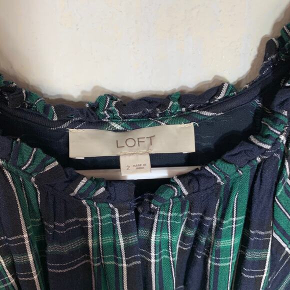 LOFT Dress Blue Green Plaid Shift Belted Short Sleeve Pleated Lined Size 2 - Picture 3 of 12